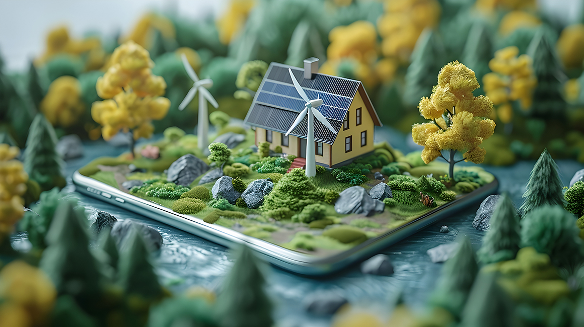 Miniaturwelt mit Haus, Solarpanelen und Windrädern auf einem Smartphone, symbolisch für nachhaltige Energielösungen und digitale Steuerung in der Smart-Home-Technologie.