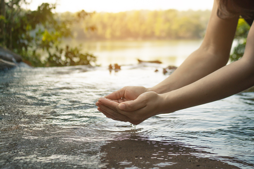 Hände schöpfen Wasser aus einem klaren Fluss oder See in natürlicher Umgebung bei Sonnenlicht.