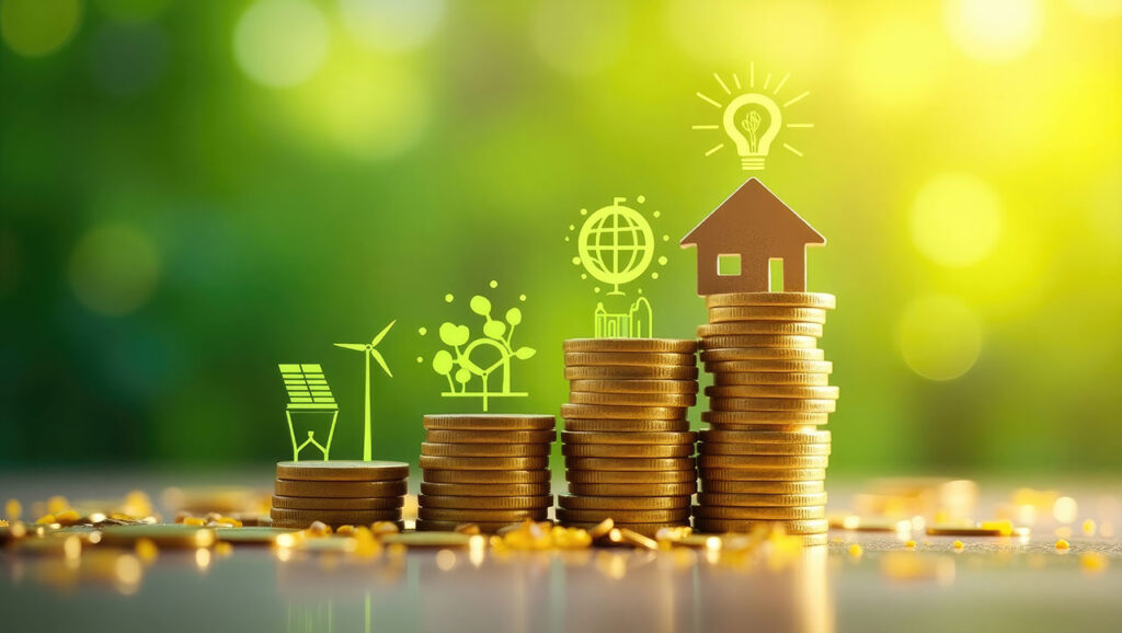Münzstapel mit Symbolen für erneuerbare Energien, Umwelt und Innovation – Darstellung nachhaltiger Investitionen und wirtschaftlichen Wachstums