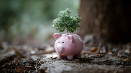 Rosa Spardose mit wachsendem Baum auf Münzen – Symbol für nachhaltiges Sparen und Umweltschutz