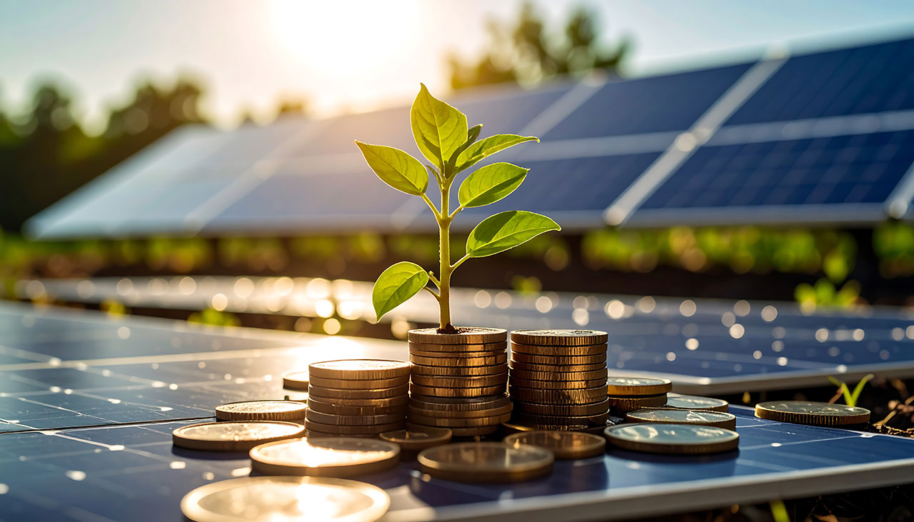 Junge Pflanze wächst aus Münzen auf Solarpanel – Symbol für nachhaltige Energie und finanzielle Investition