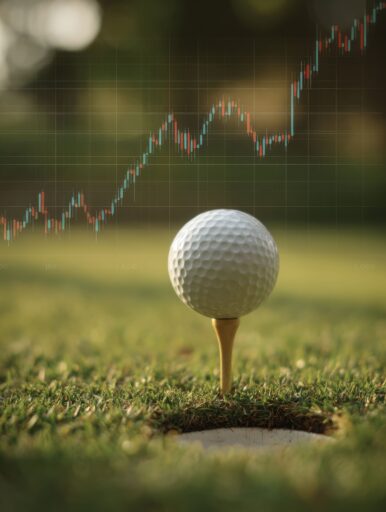 Ein Golfball auf einem Abschlag mit einem Börsendiagramm im Hintergrund, das die Finanzberatung symbolisiert.