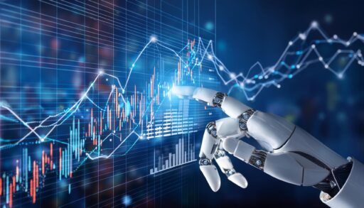 Eine Roboterhand zeigt auf einen digitalen Bildschirm mit Finanzberatungs- und Vermögensplanungsdiagrammen.