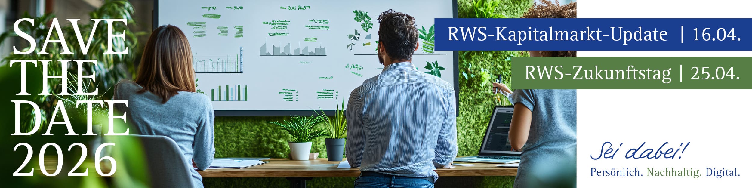 Save-the-Date-Grafik: Drei Personen analysieren Diagramme auf Bildschirm; Termine RWS-Kapitalmarkt-Update 16.04. und RWS-Zukunftstag 25.04.