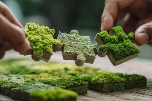 Hände setzen grüne, mit Moos bewachsene Puzzleteile zusammen – Symbolbild für Finanzbildung, Nachhaltigkeit und ganzheitliches Denken.