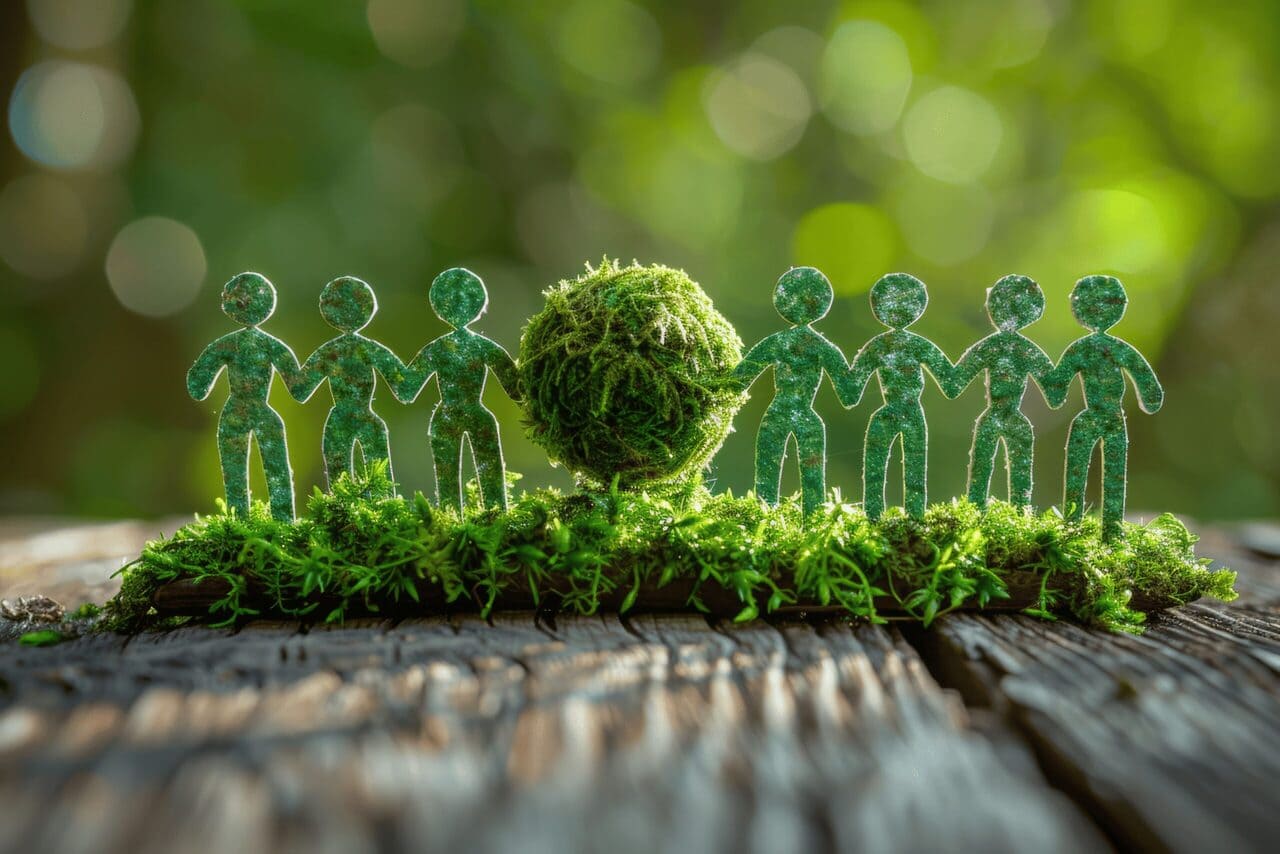 Jeweils 3 Menschenfiguren aus grünem Papier stehen neben einer moosbedeckten Weltkugel auf Moos, das auf Holz liegt. Symbol für Gemeinschaft und Nachhaltigkeit.