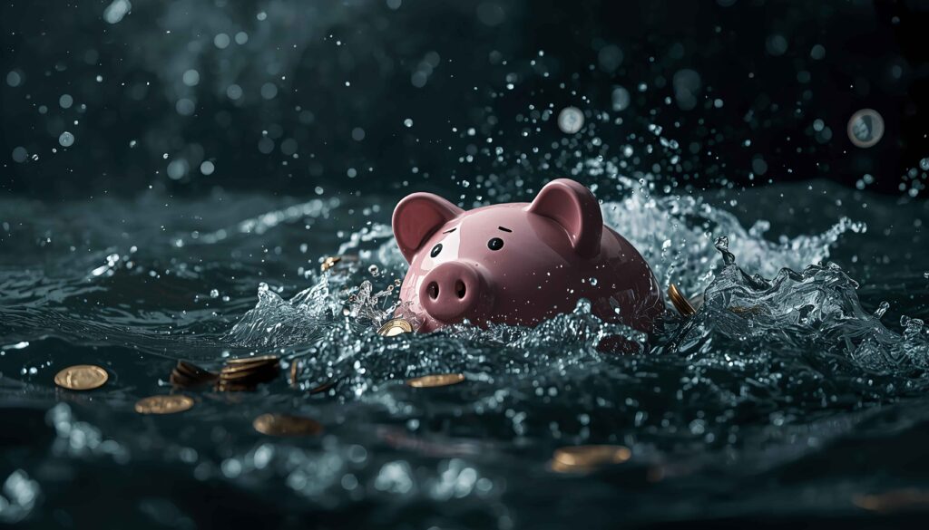sparschwein versinkt im wasser zwischen geldstücken