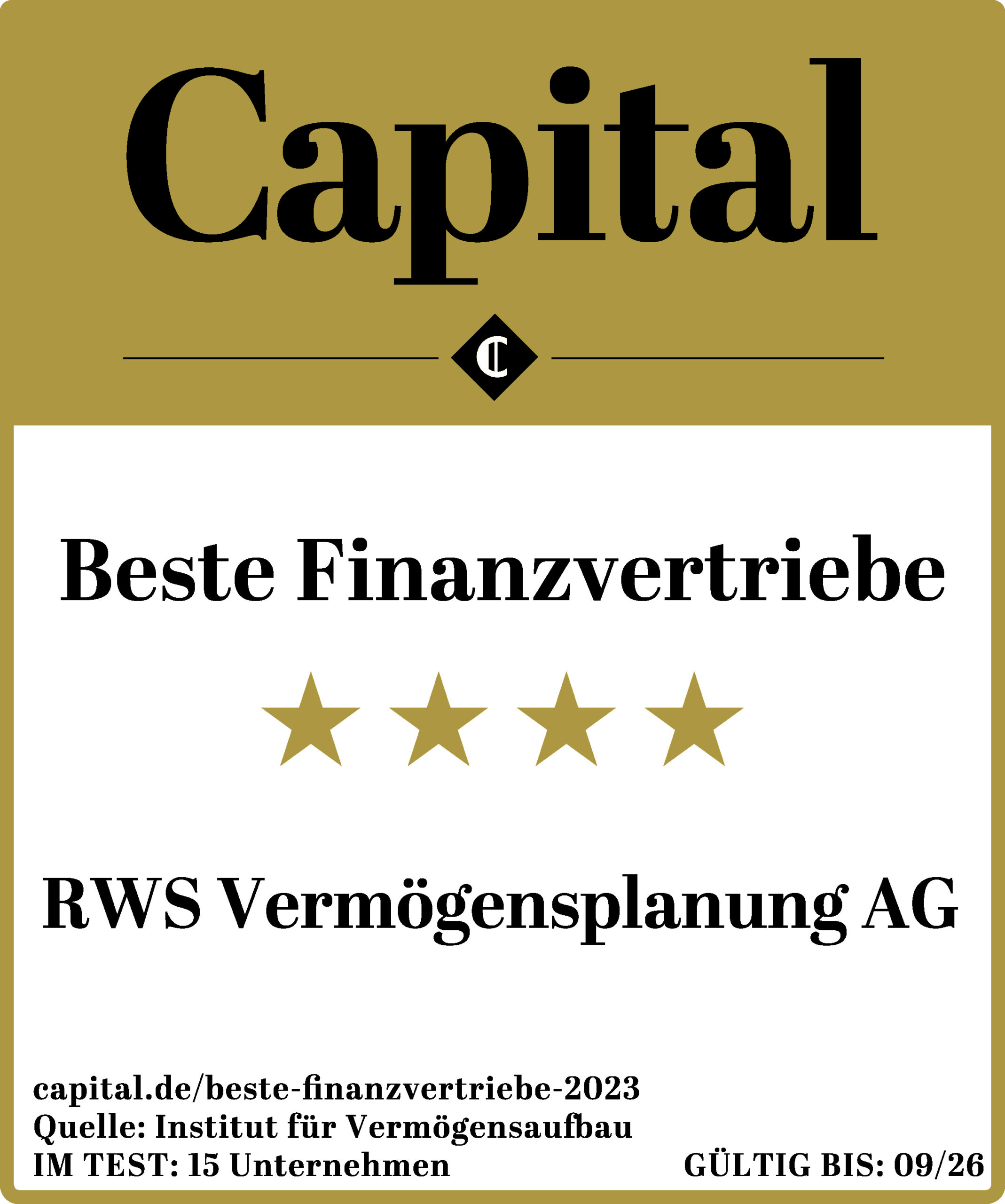 Zertifikat mit vier Sternen für die RWS Vermögensplanung AG von der Zeitschrift Capital für Finanzberatung.