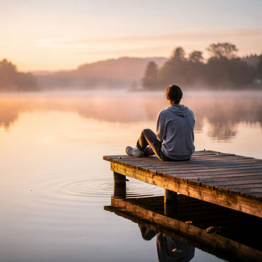 Person sitzend auf einem Steg am See mit Blick in die Ferne