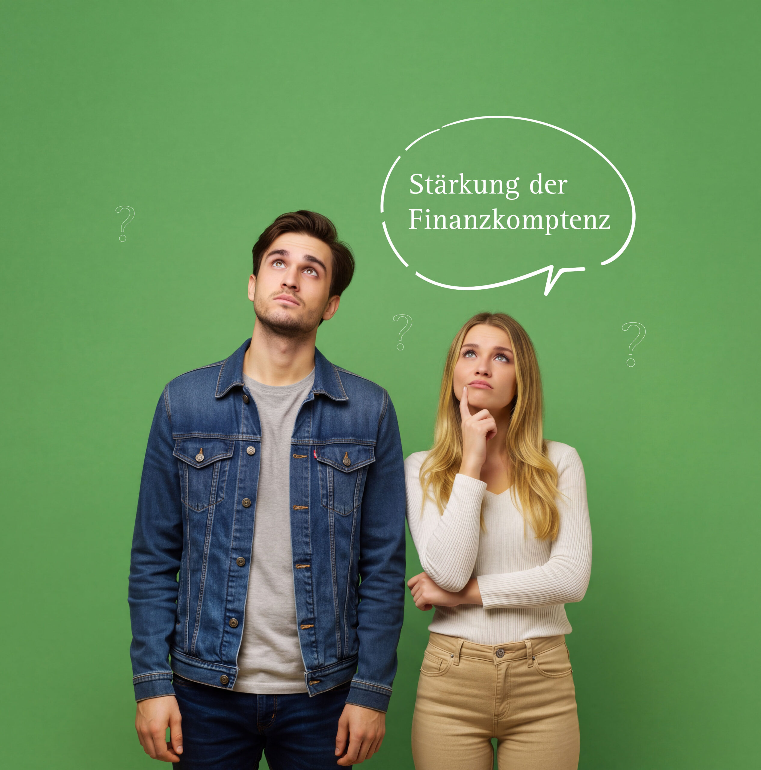 Mann und Frau die fragend nach oben schauen, Sprechblase und Fragezeichen untermalen den Blick zum Thema Stärkung der Finanzkompetenz